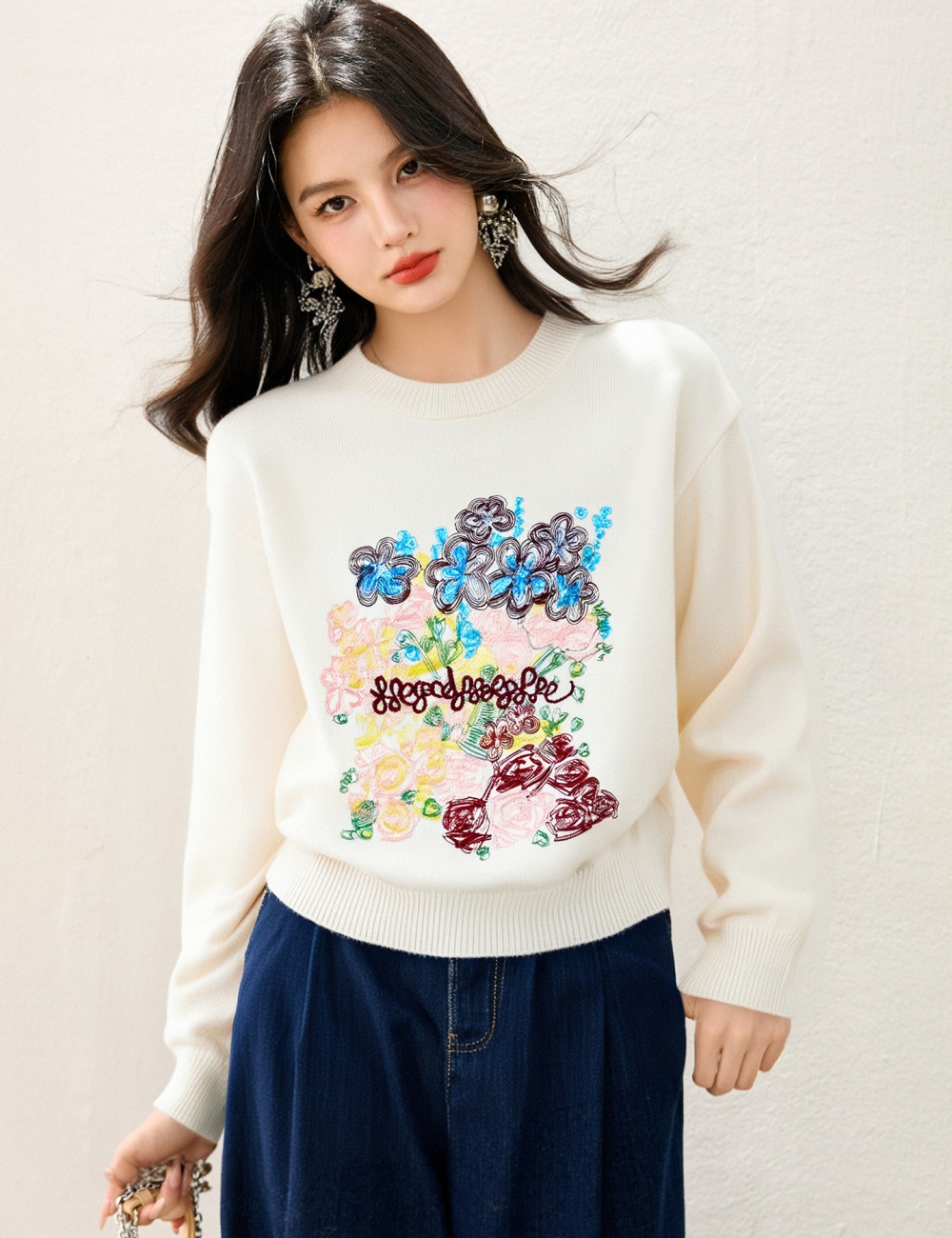 Wool tops embroidered flowers sweater for women