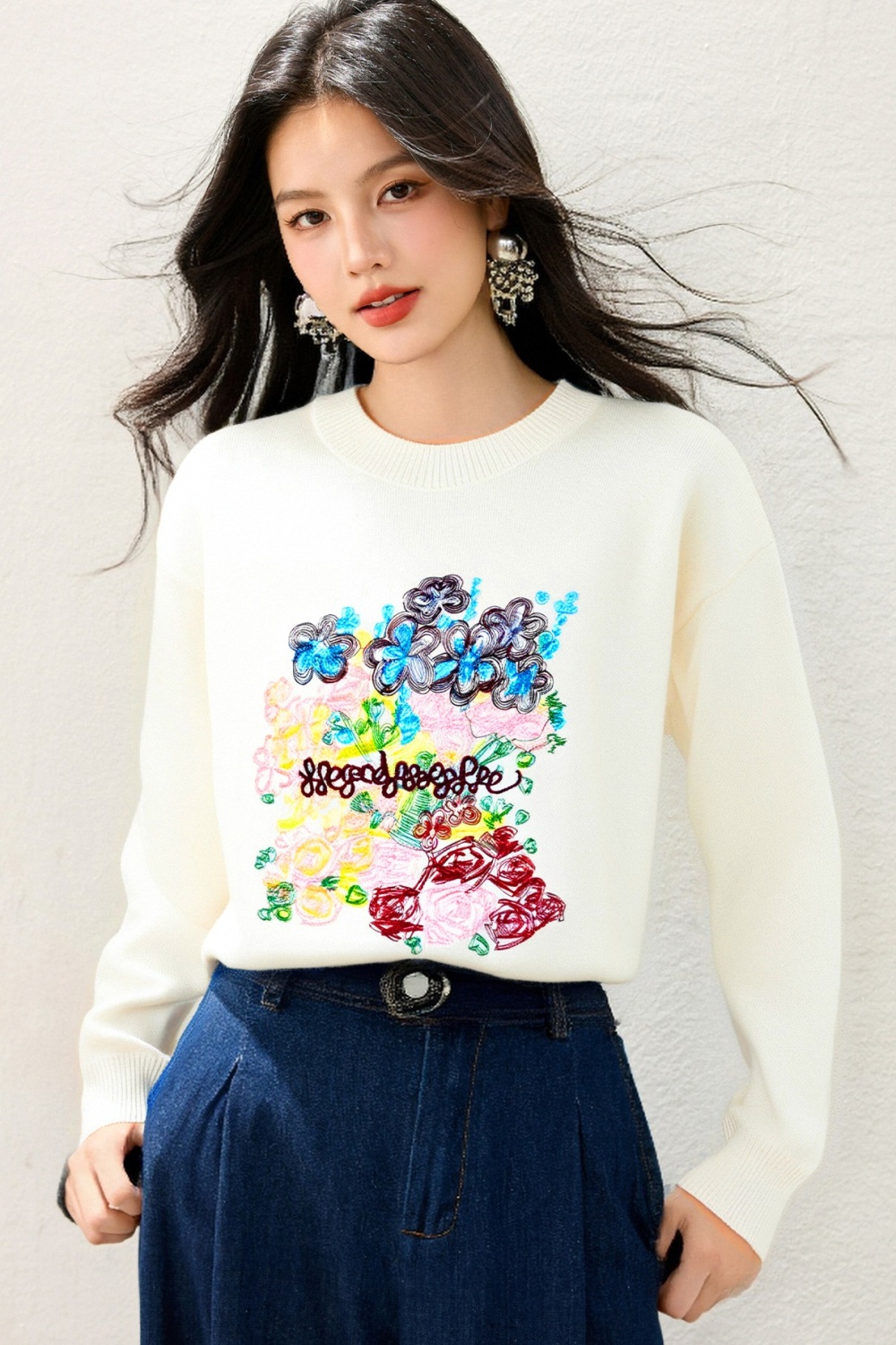 Wool tops embroidered flowers sweater for women