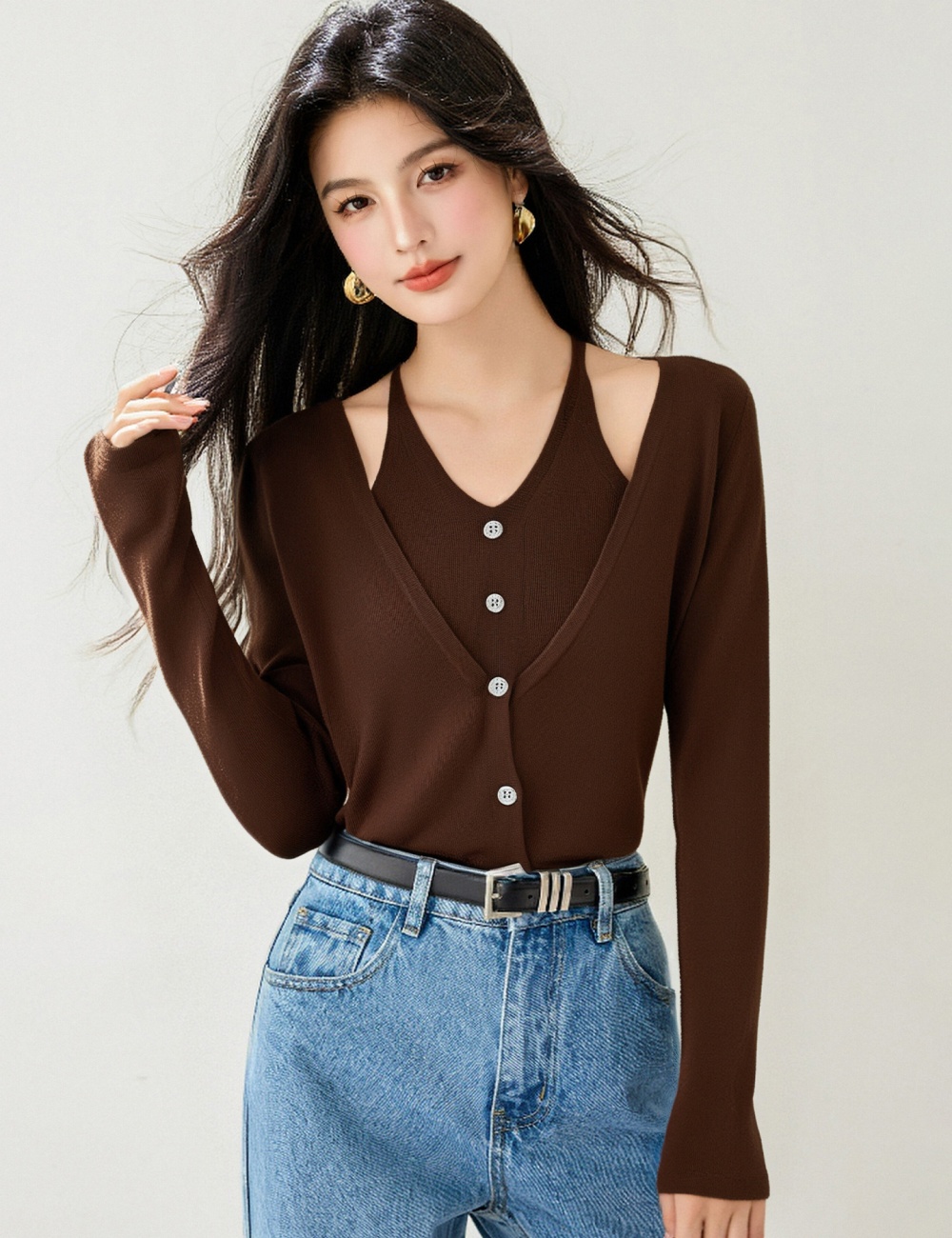 Temperament thin long sleeve sweater V-neck wool tops