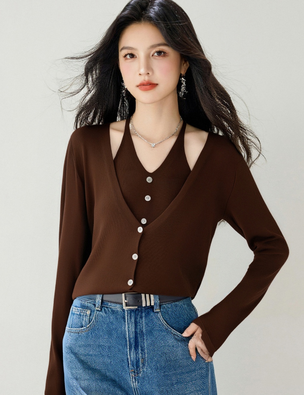 Temperament thin long sleeve sweater V-neck wool tops