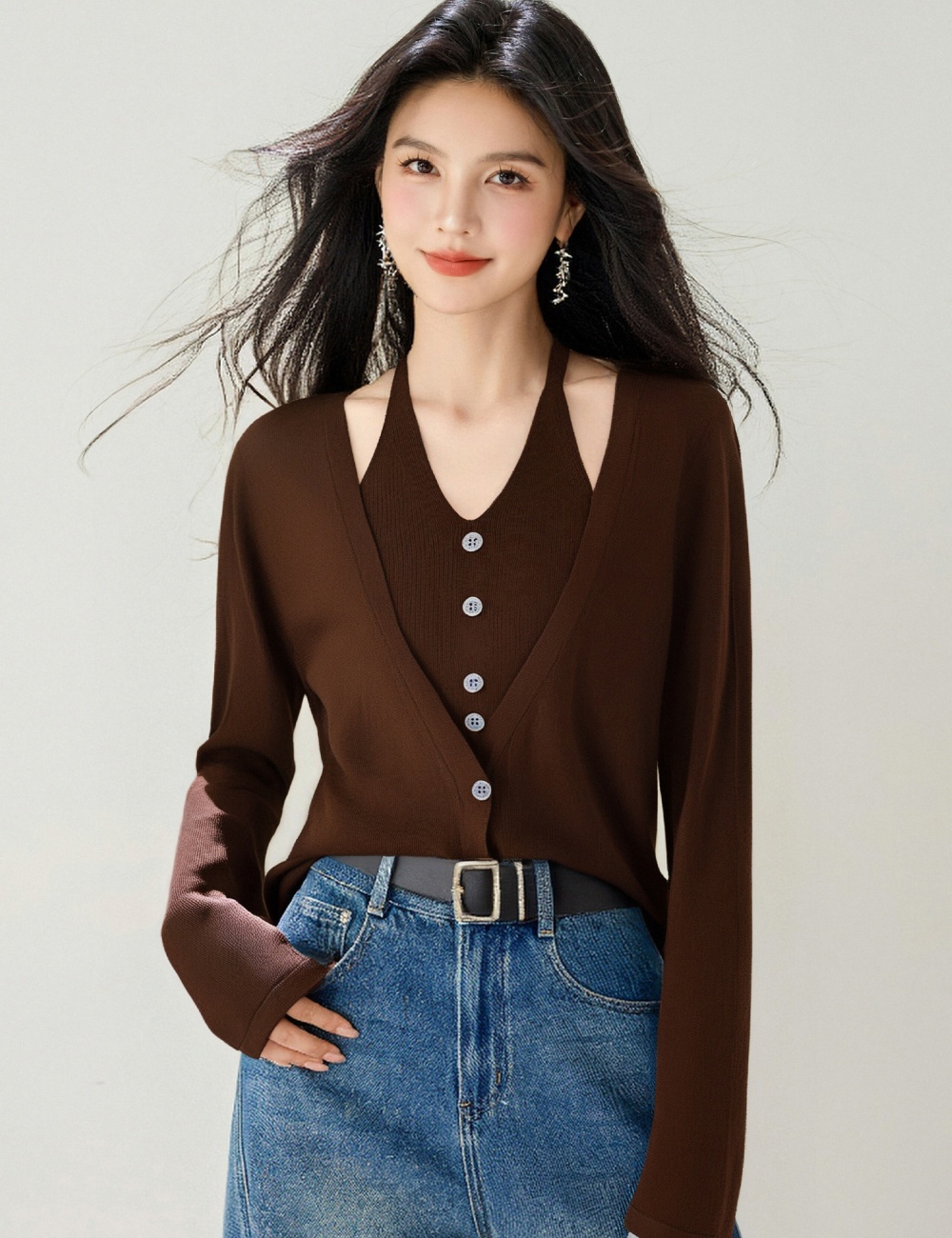 Temperament thin long sleeve sweater V-neck wool tops