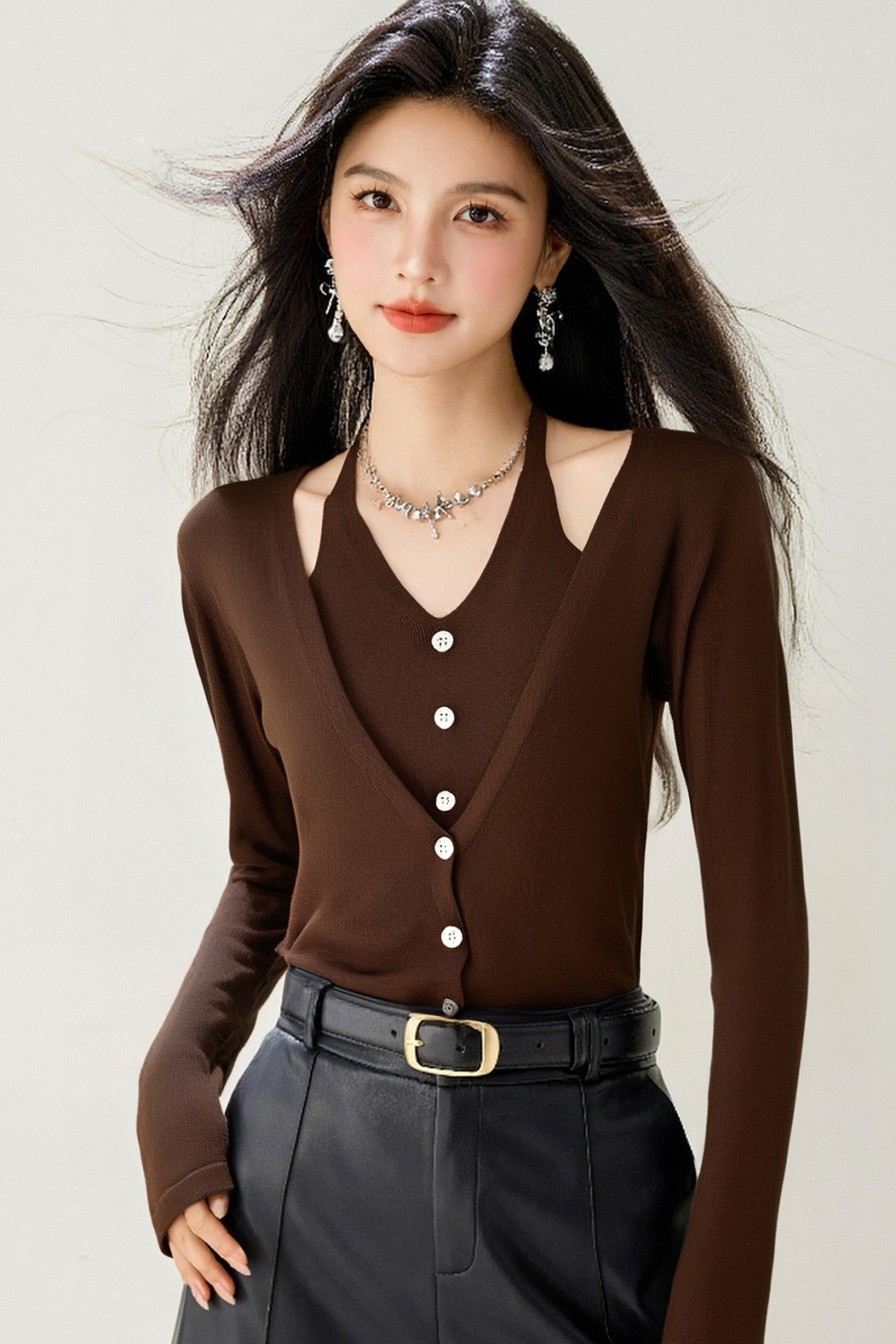 Temperament thin long sleeve sweater V-neck wool tops