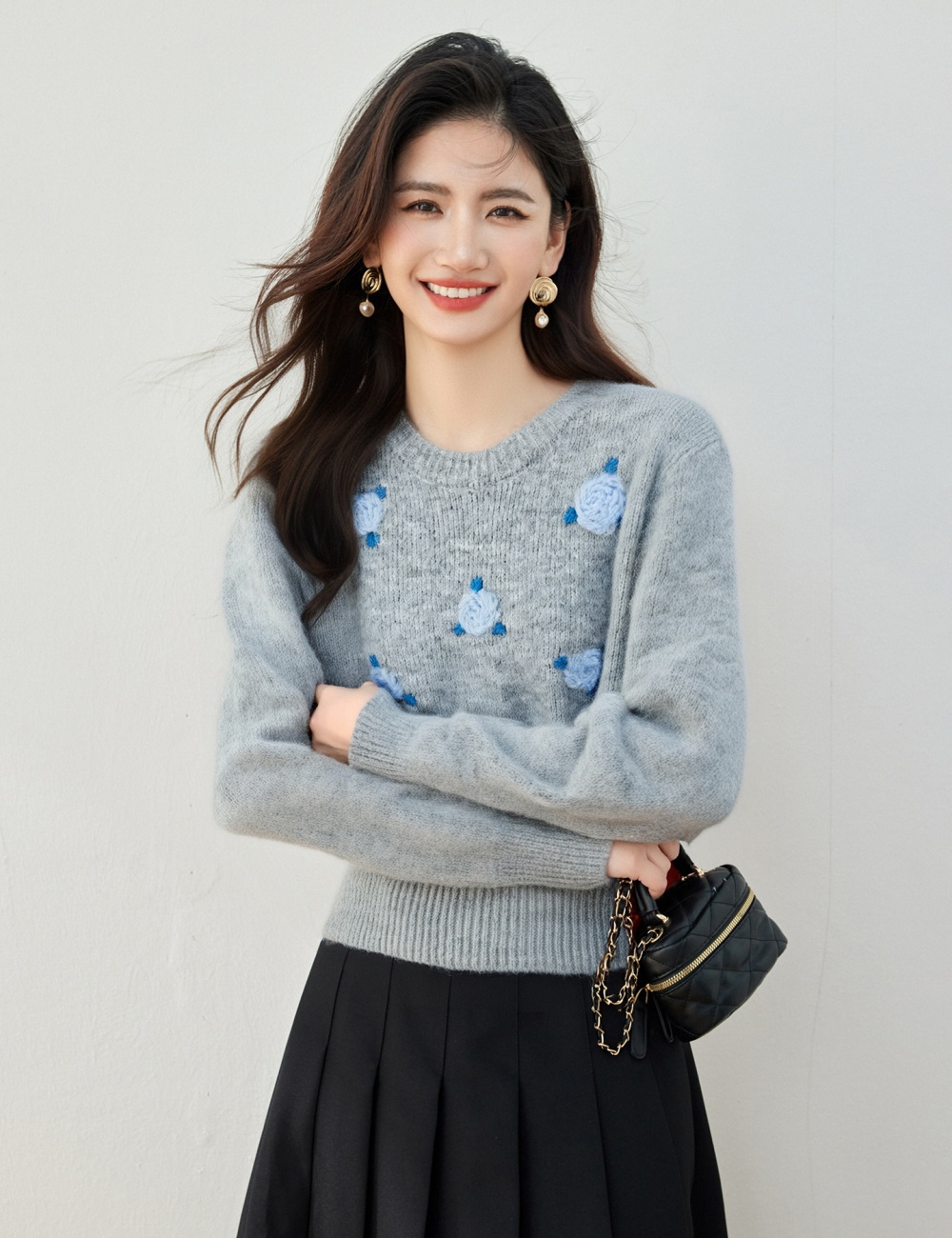 Slim embroidery colors stereoscopic sweater for women