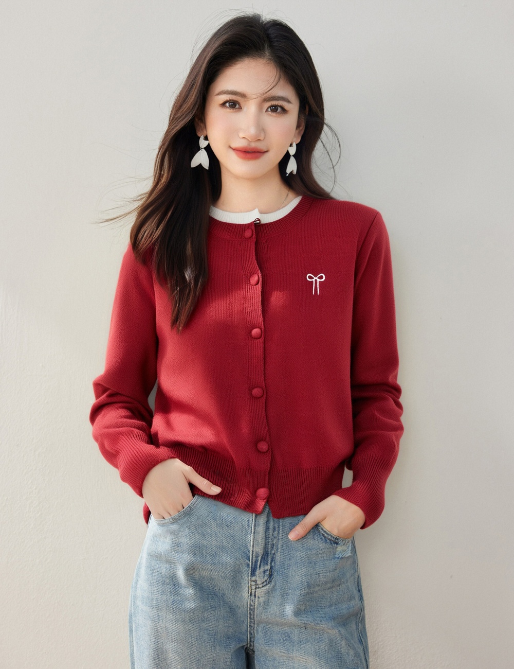 Pseudo-two sweater embroidery tops for women