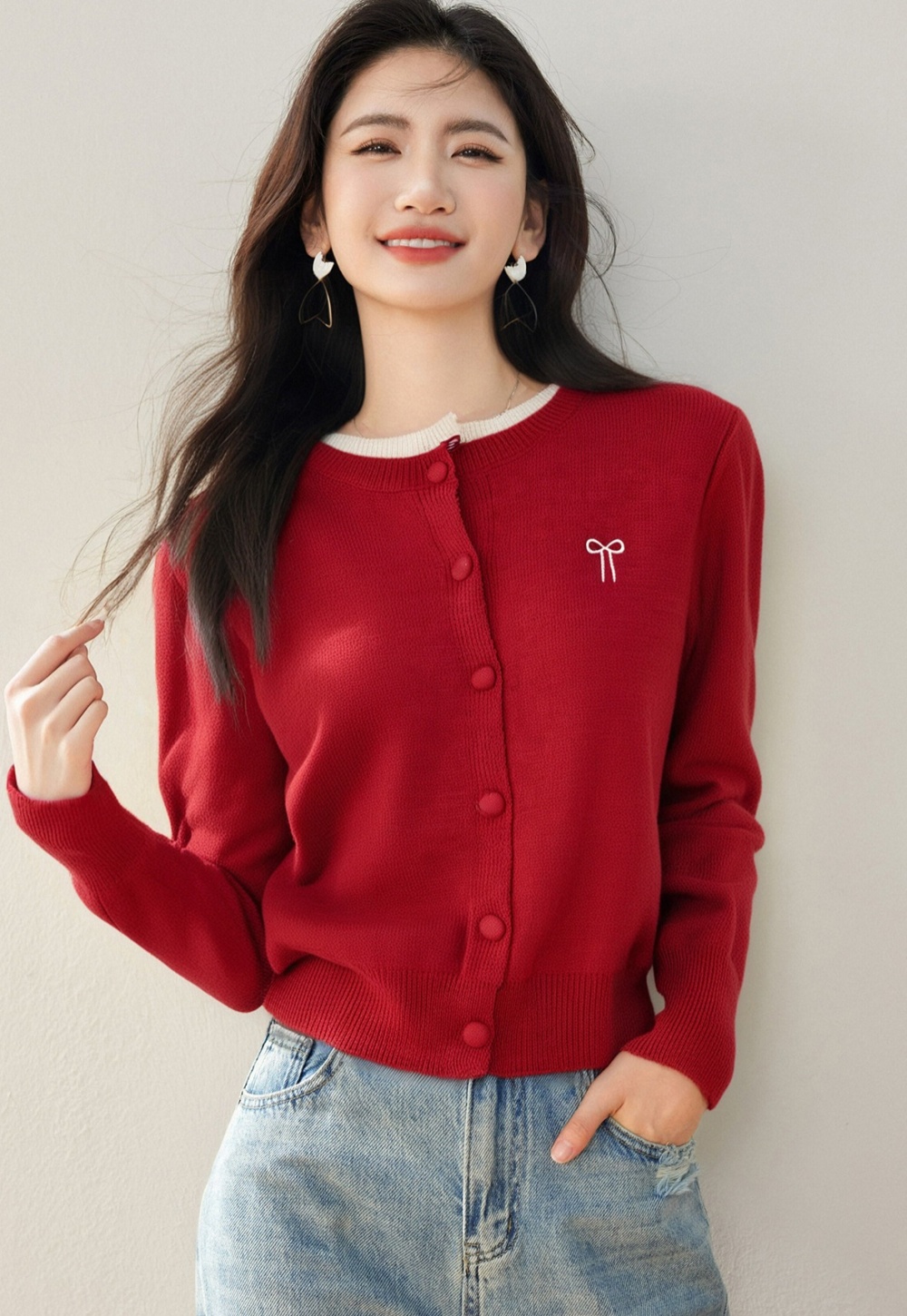 Pseudo-two sweater embroidery tops for women
