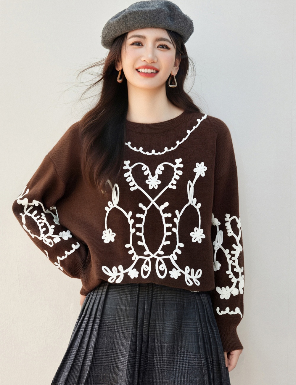 Autumn loose pattern tops pullover retro long sleeve sweater