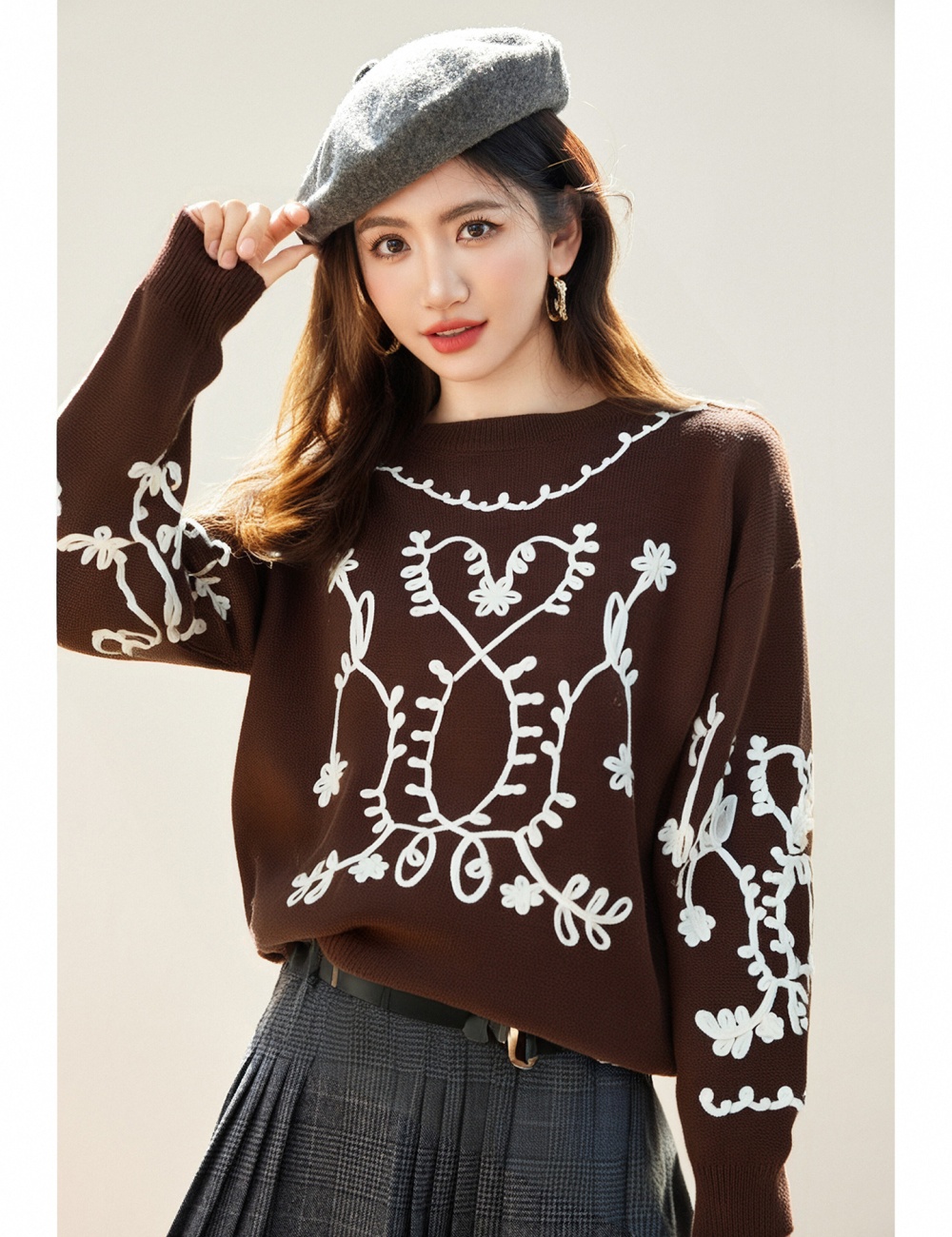 Autumn loose pattern tops pullover retro long sleeve sweater