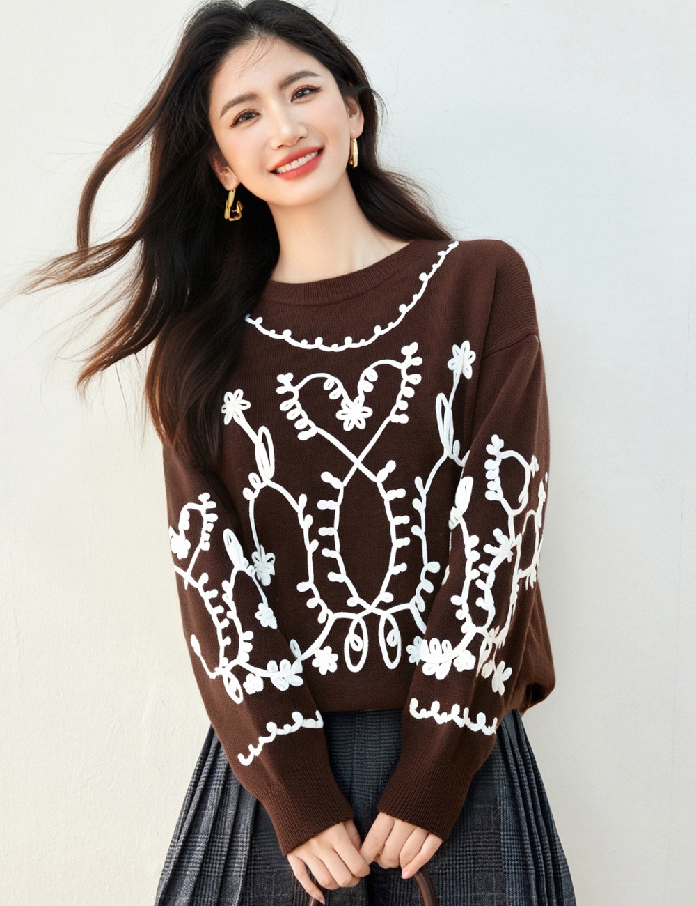Autumn loose pattern tops pullover retro long sleeve sweater