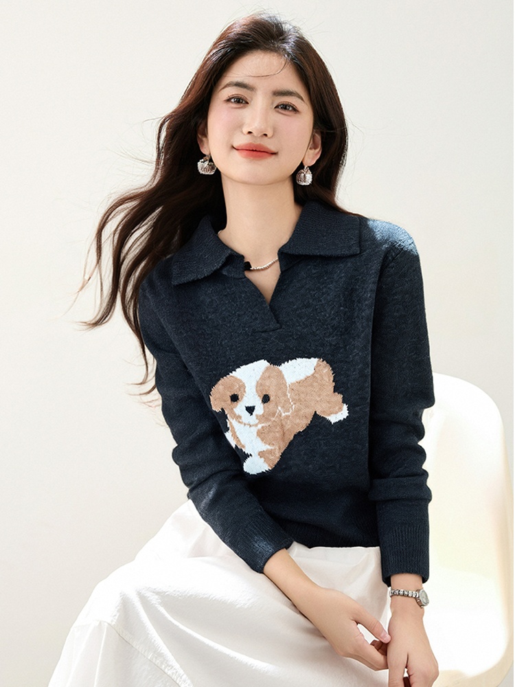 Western style white cartoon tops jacquard puppy sweater