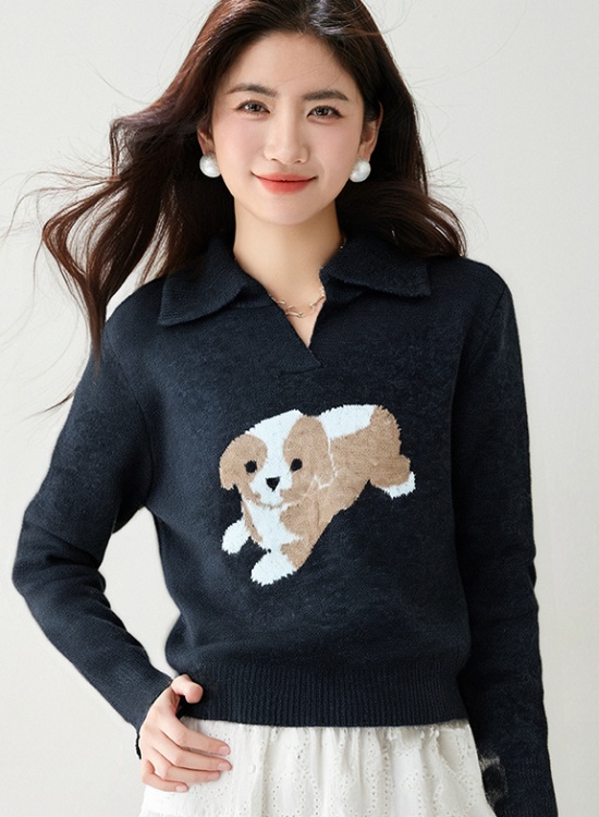 Western style white cartoon tops jacquard puppy sweater