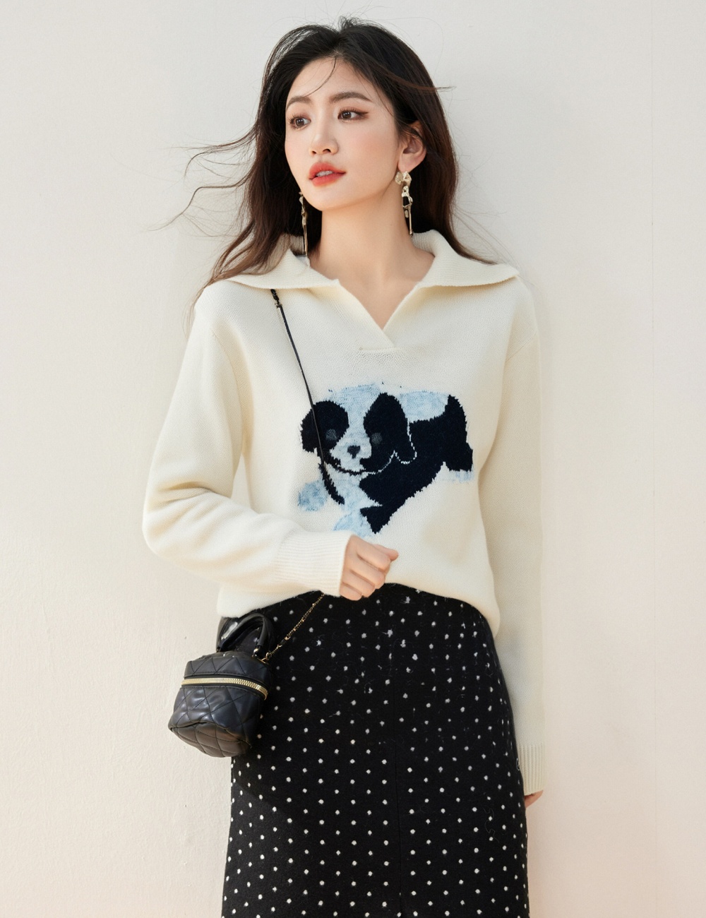 Western style white cartoon tops jacquard puppy sweater