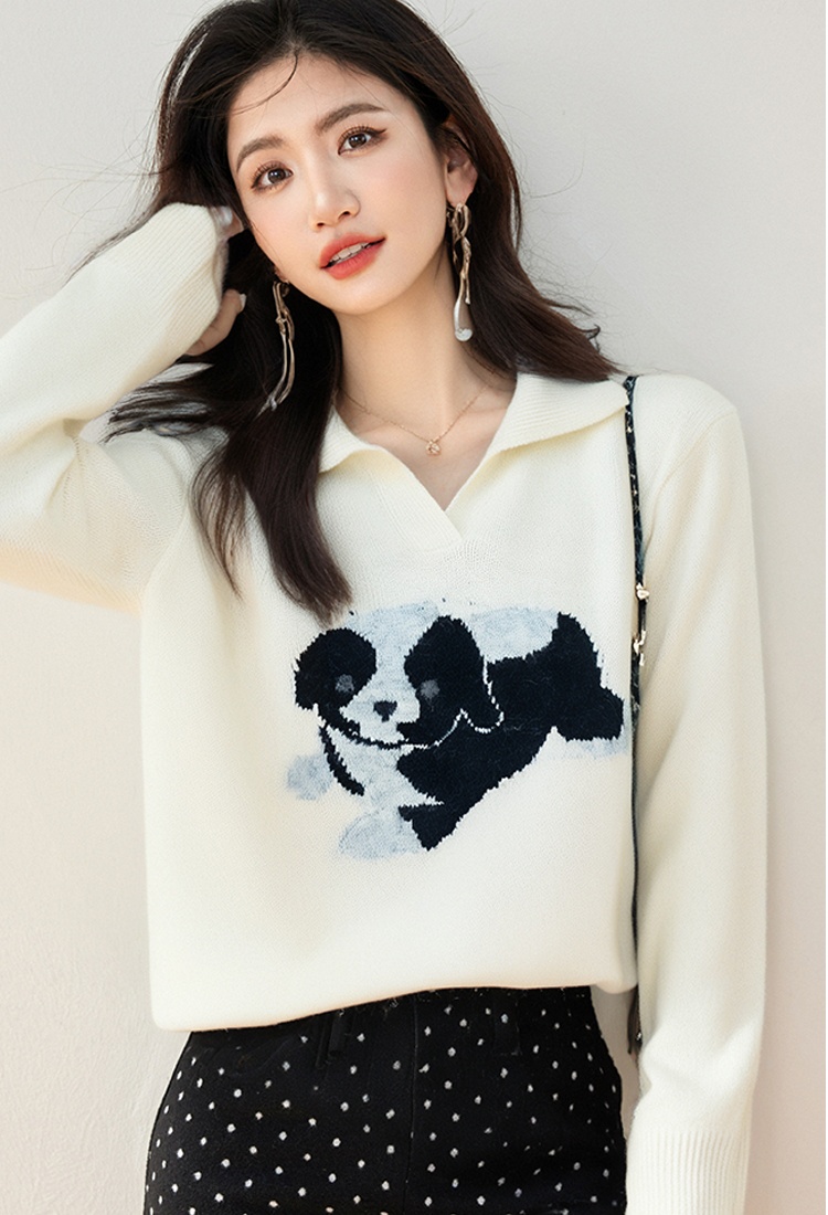 Western style white cartoon tops jacquard puppy sweater