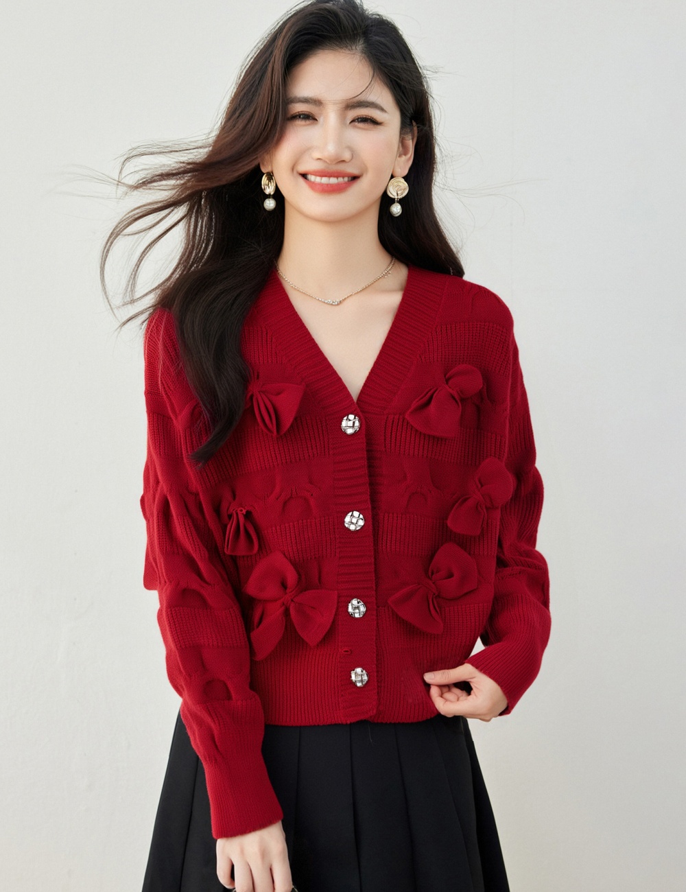Bow all-match coat chanelstyle knitted cardigan