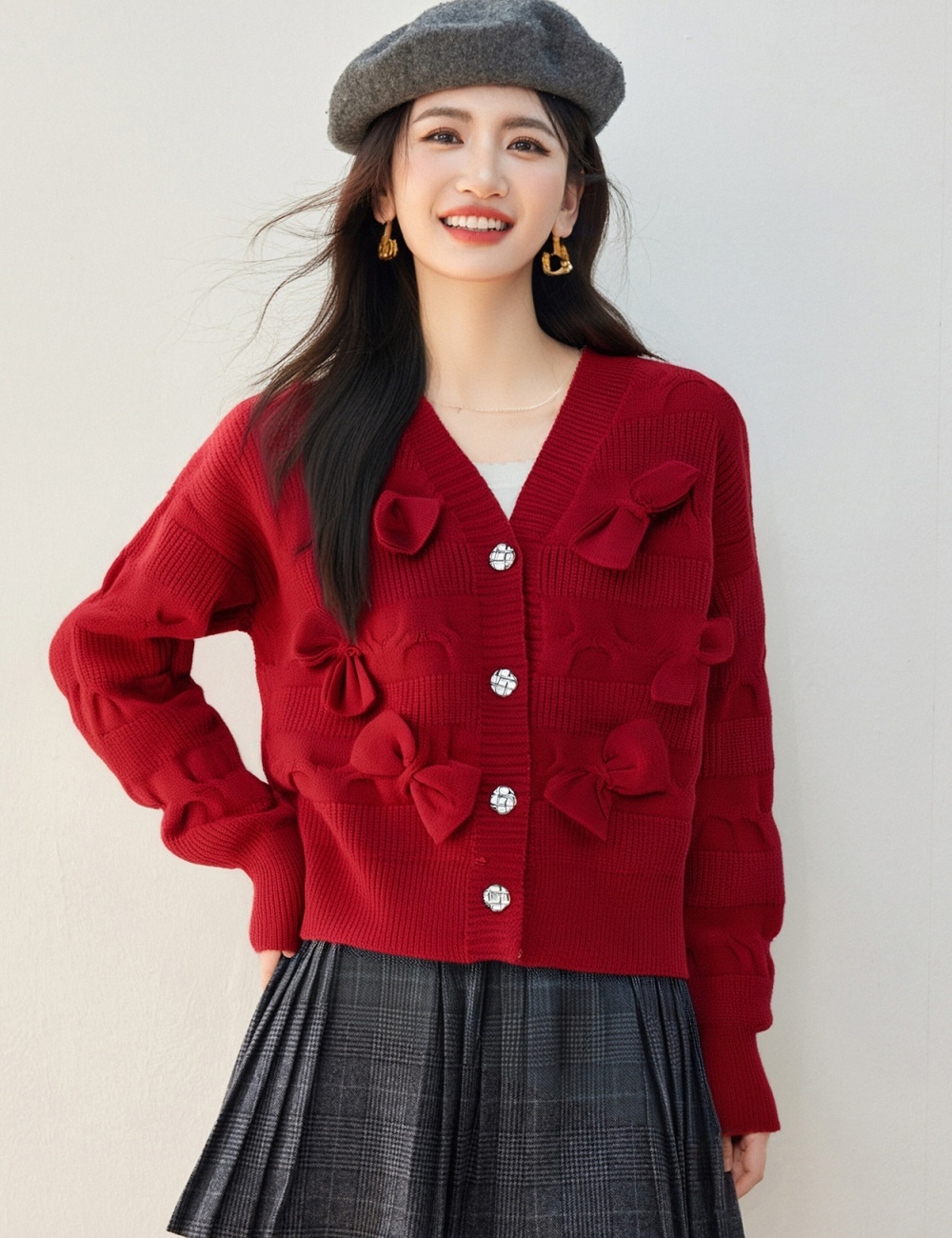 Bow all-match coat chanelstyle knitted cardigan