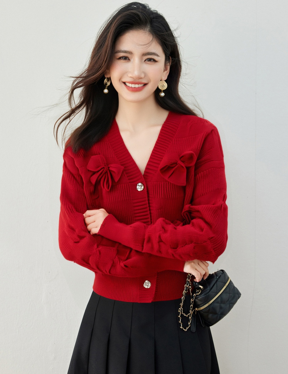 Bow all-match coat chanelstyle knitted cardigan