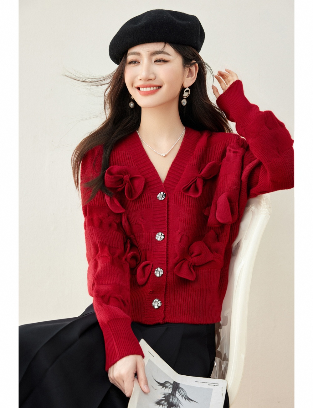 Bow all-match coat chanelstyle knitted cardigan