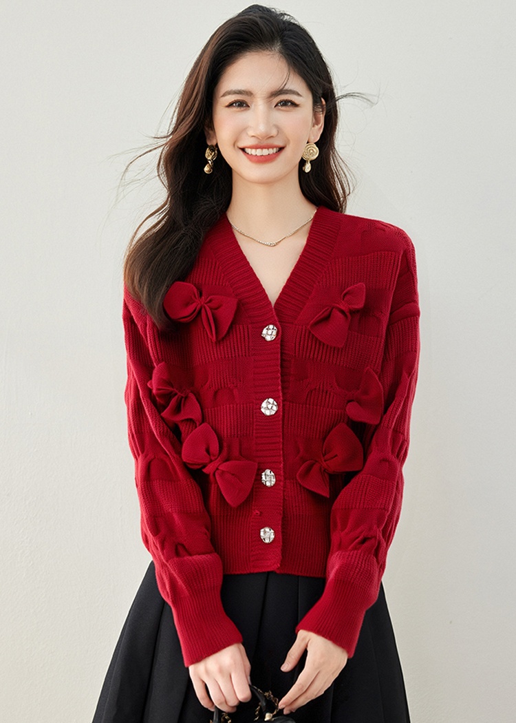 Bow all-match coat chanelstyle knitted cardigan