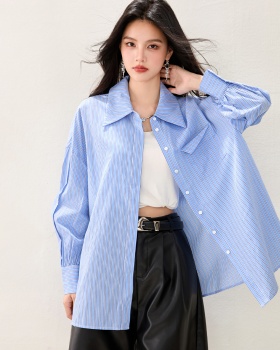 Lazy long sleeve blue France style stripe loose niche shirt
