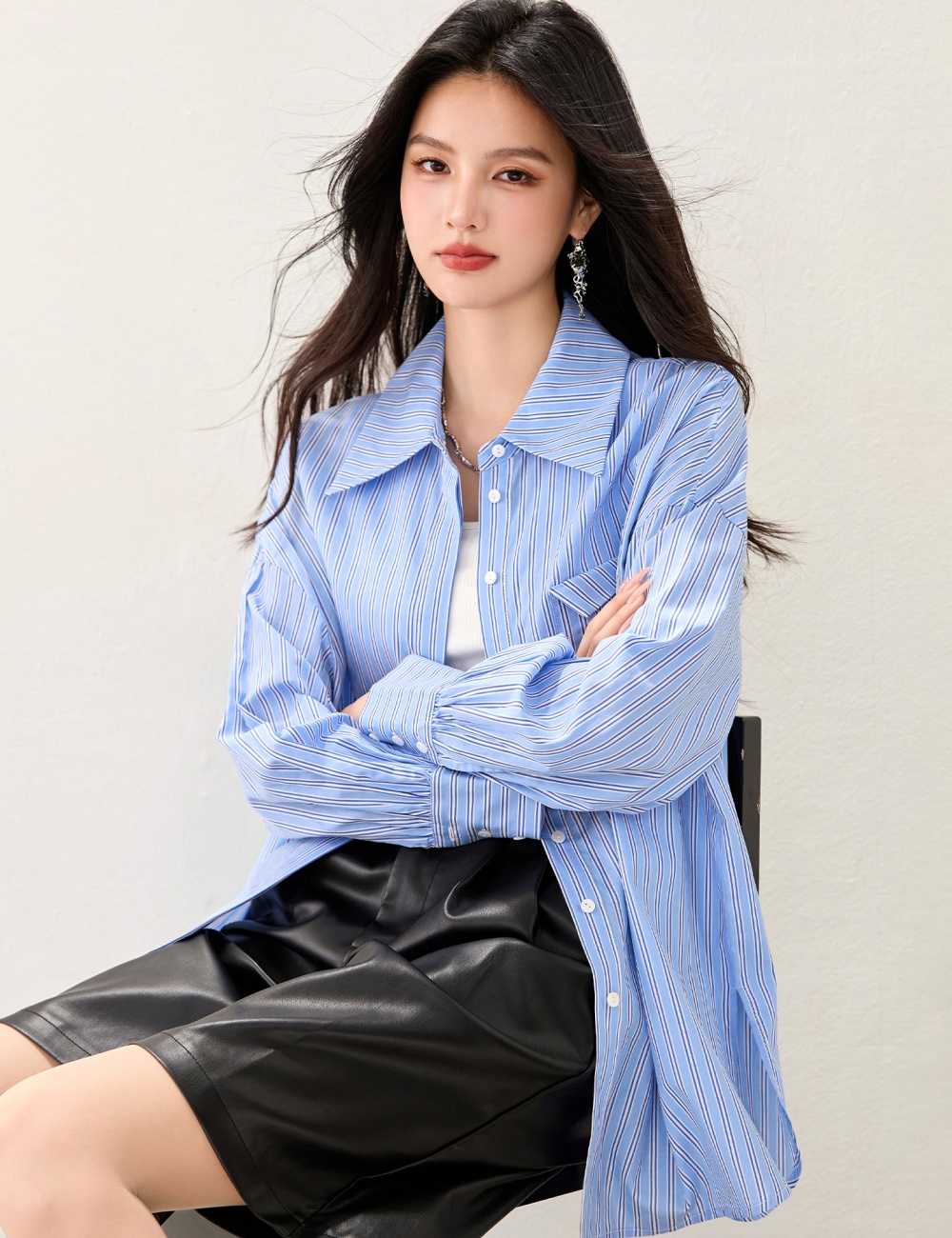Lazy long sleeve blue France style stripe loose niche shirt