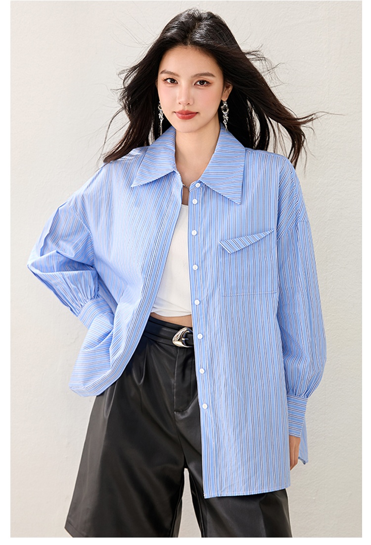 Lazy long sleeve blue France style stripe loose niche shirt