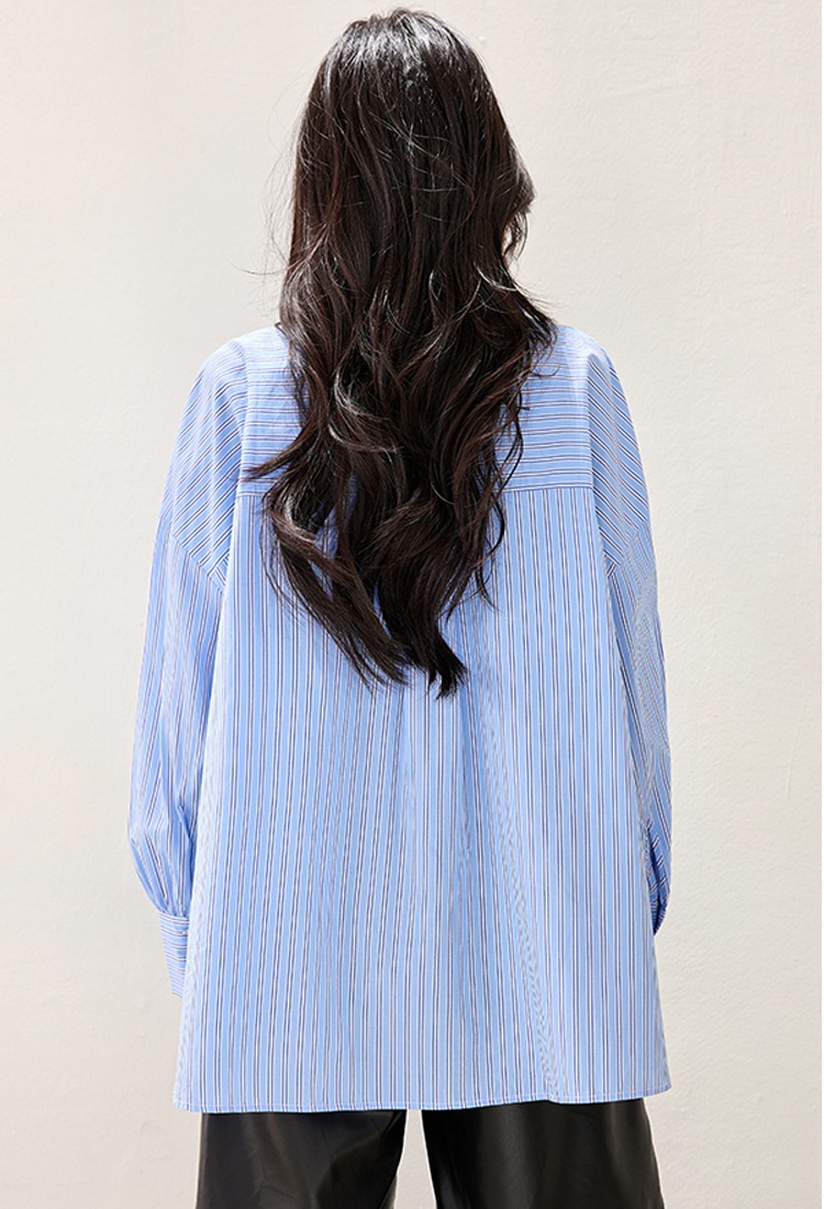 Lazy long sleeve blue France style stripe loose niche shirt