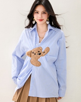 Long sleeve stripe blue shirt loose unique cubs tops for women