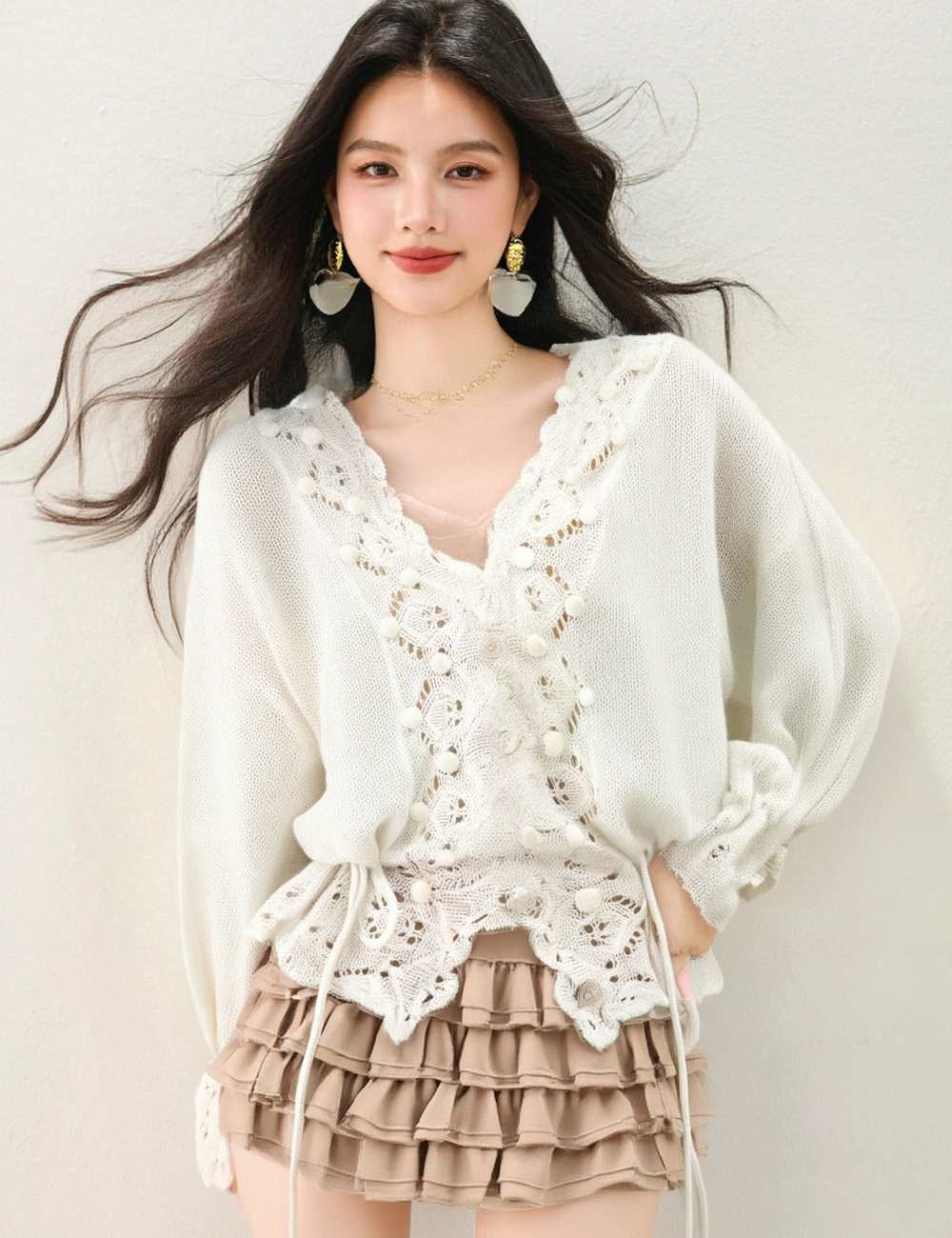 Drawstring France style niche sweater for women