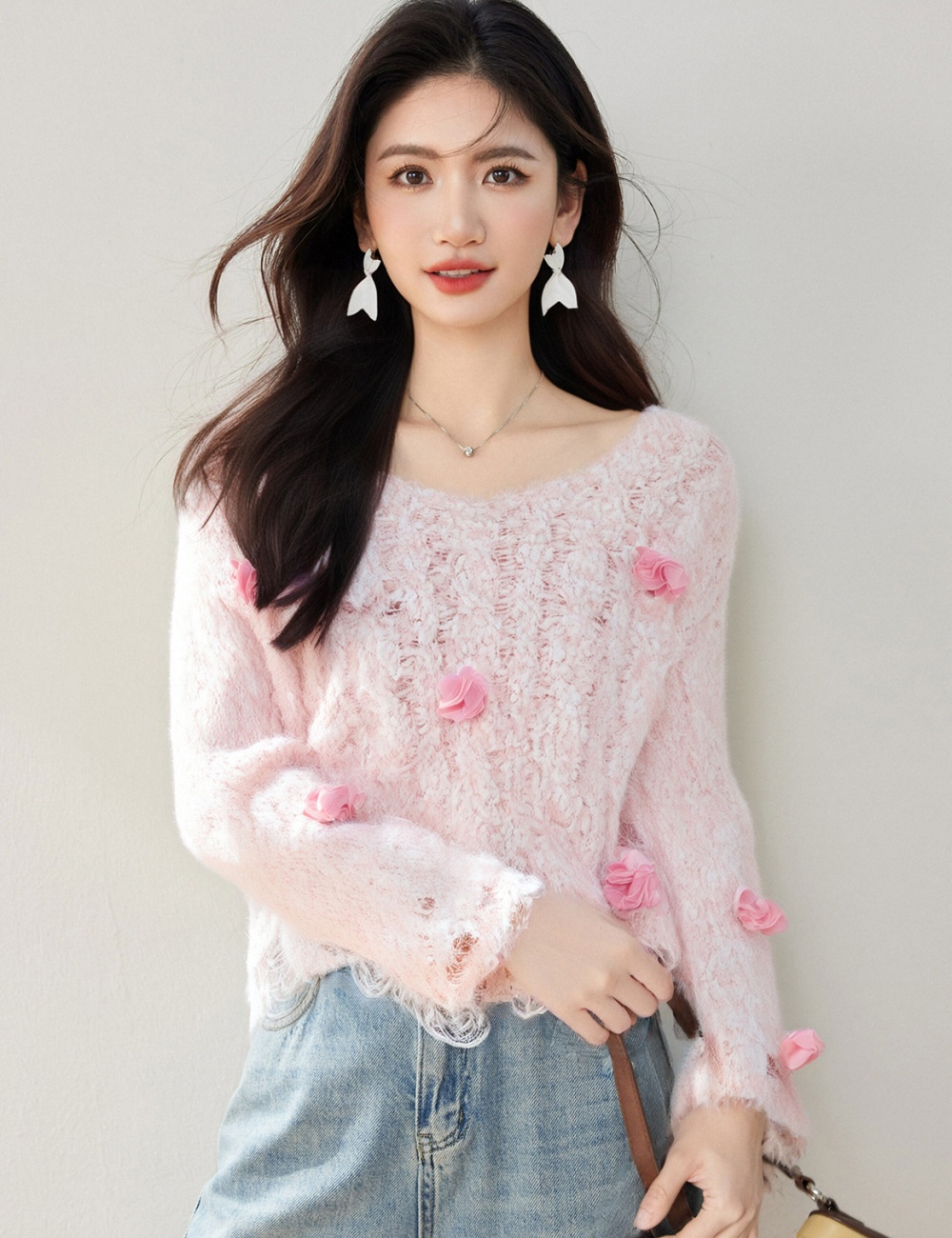 Flowers all-match tops fashion stereoscopic sweater