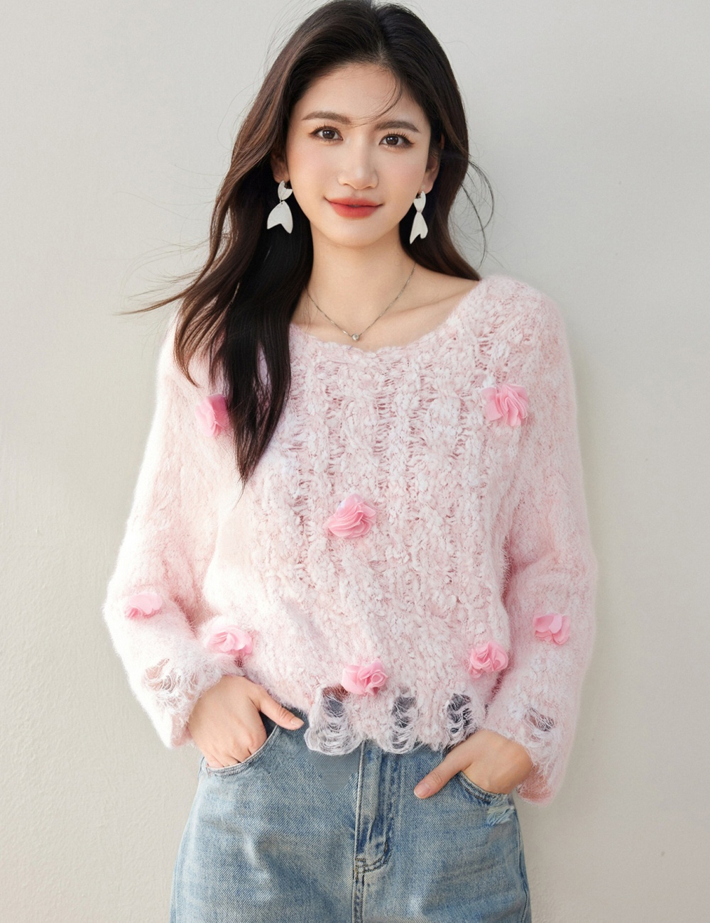 Flowers all-match tops fashion stereoscopic sweater