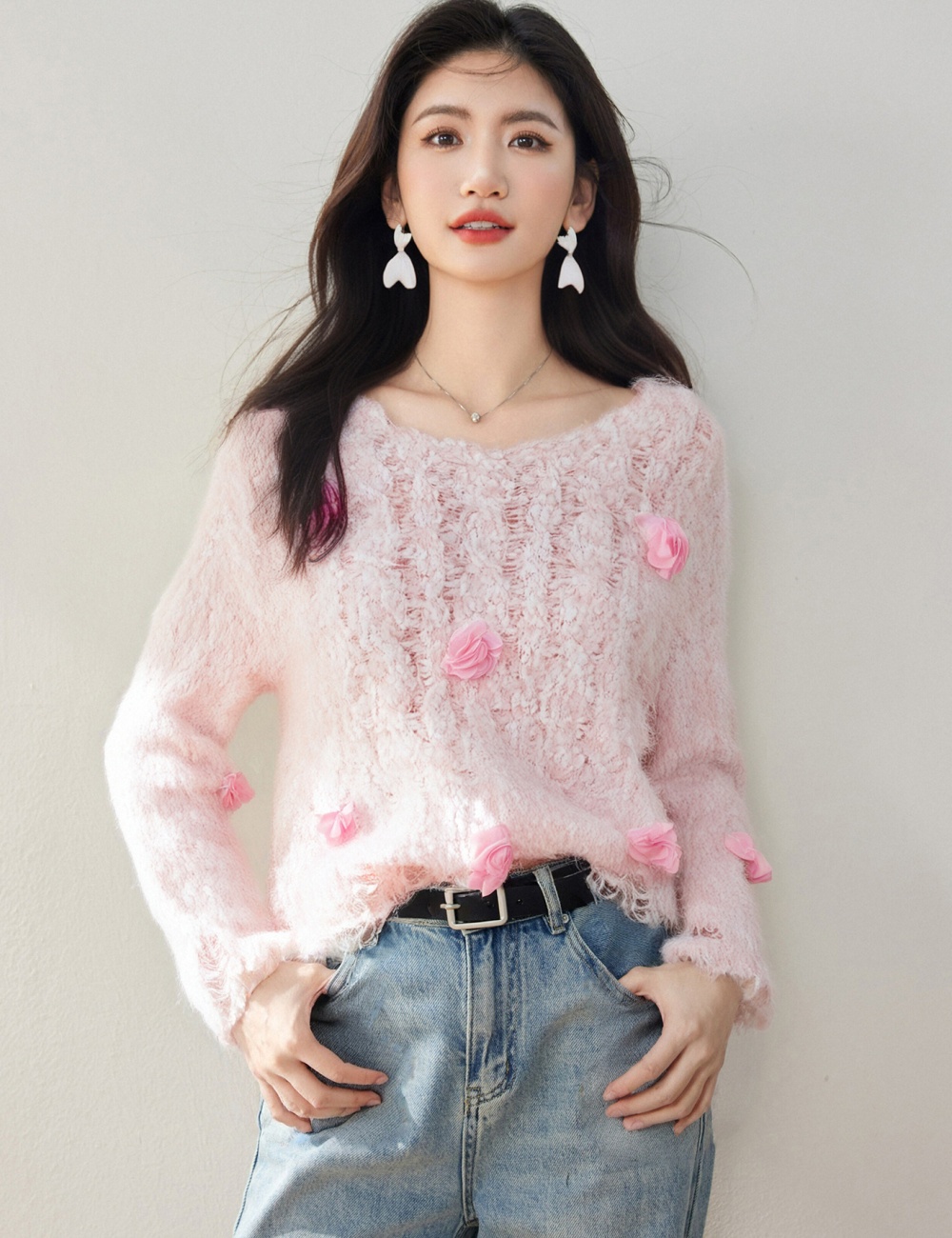 Flowers all-match tops fashion stereoscopic sweater