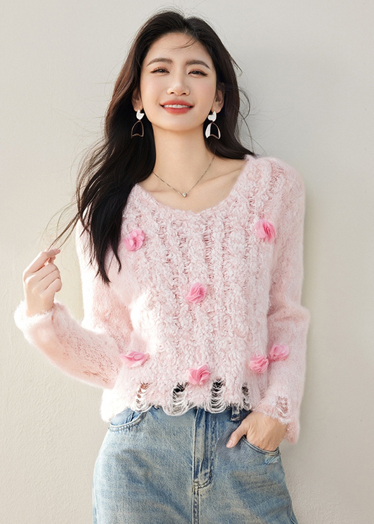 Flowers all-match tops fashion stereoscopic sweater