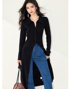Lapel long sleeve knitted cardigan slim long dress