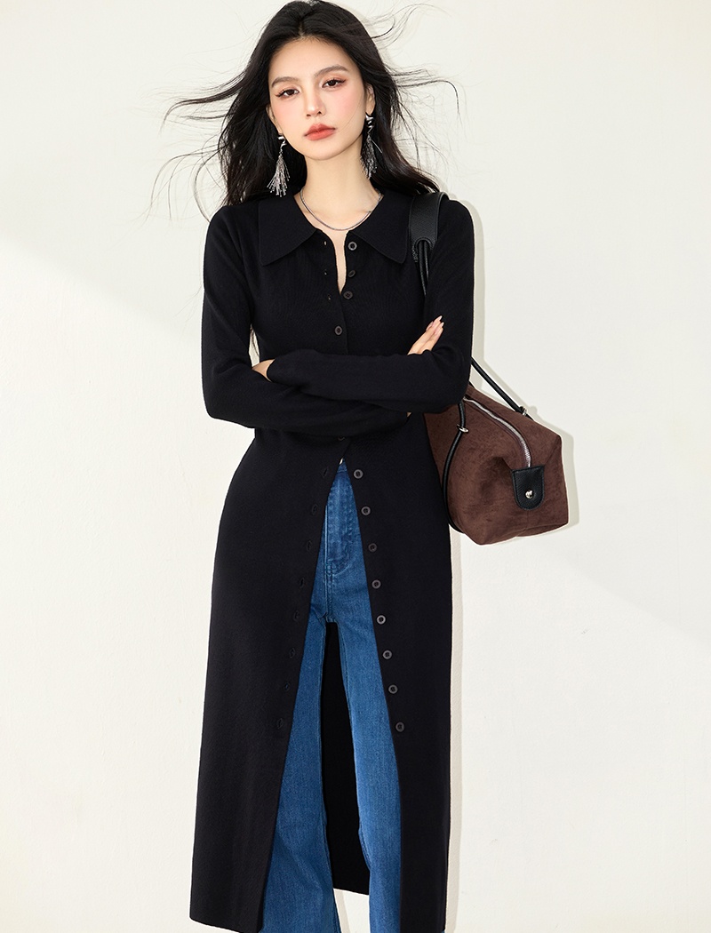 Lapel long sleeve knitted cardigan slim long dress