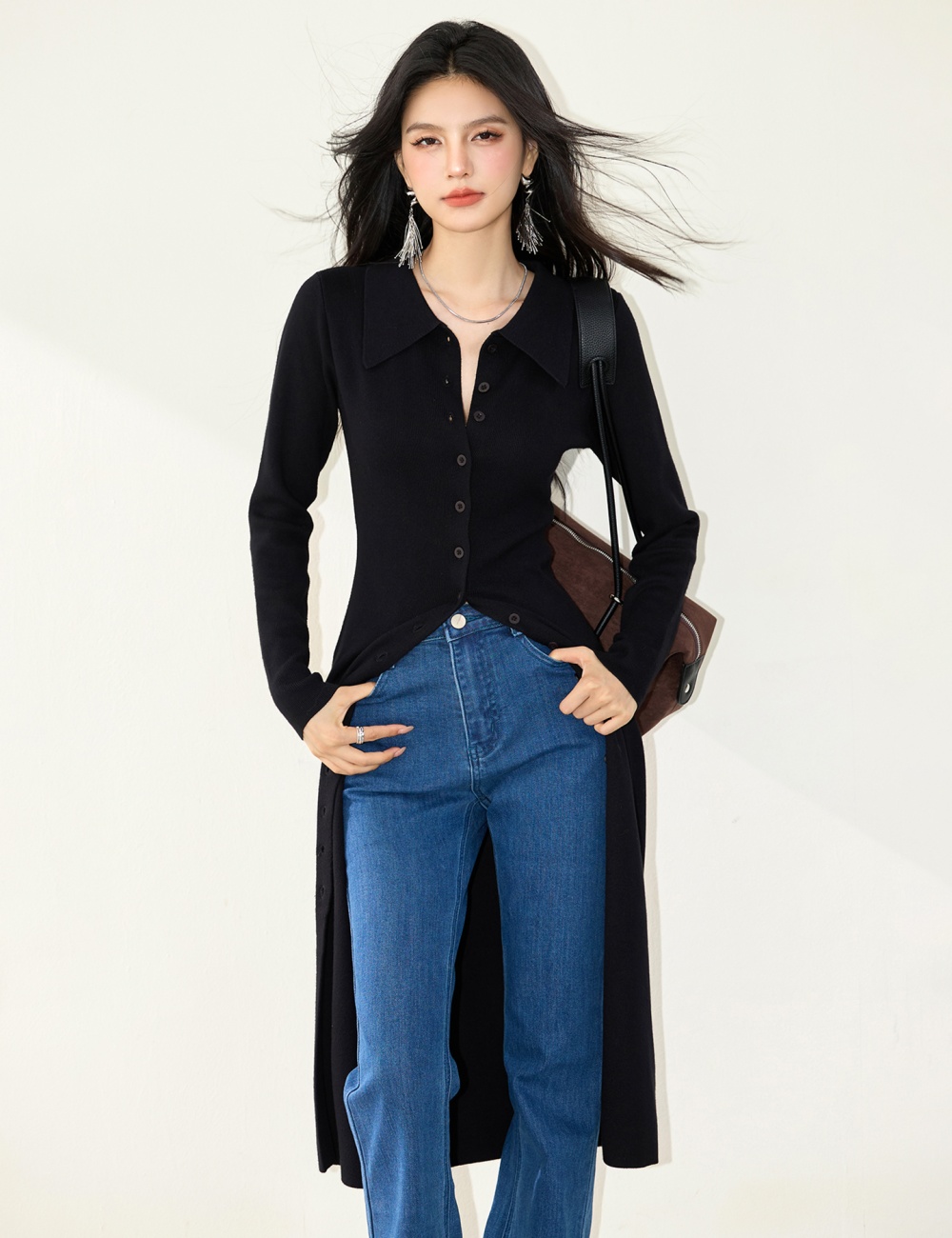 Lapel long sleeve knitted cardigan slim long dress