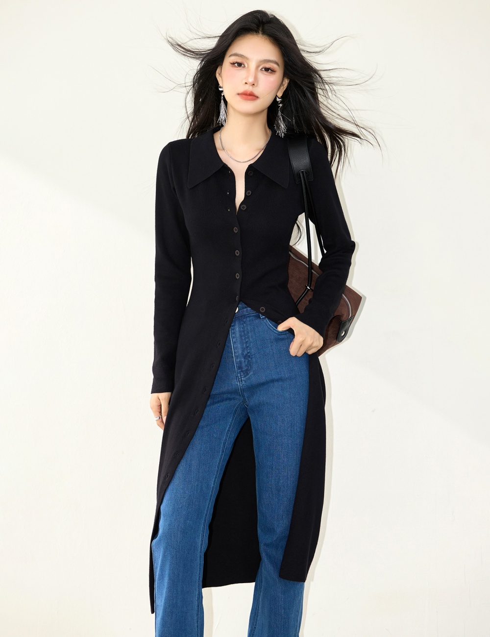 Lapel long sleeve knitted cardigan slim long dress