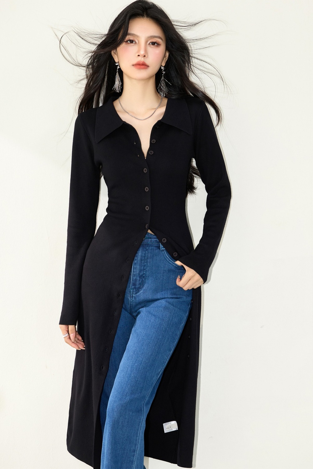 Lapel long sleeve knitted cardigan slim long dress