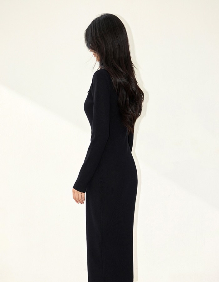 Lapel long sleeve knitted cardigan slim long dress