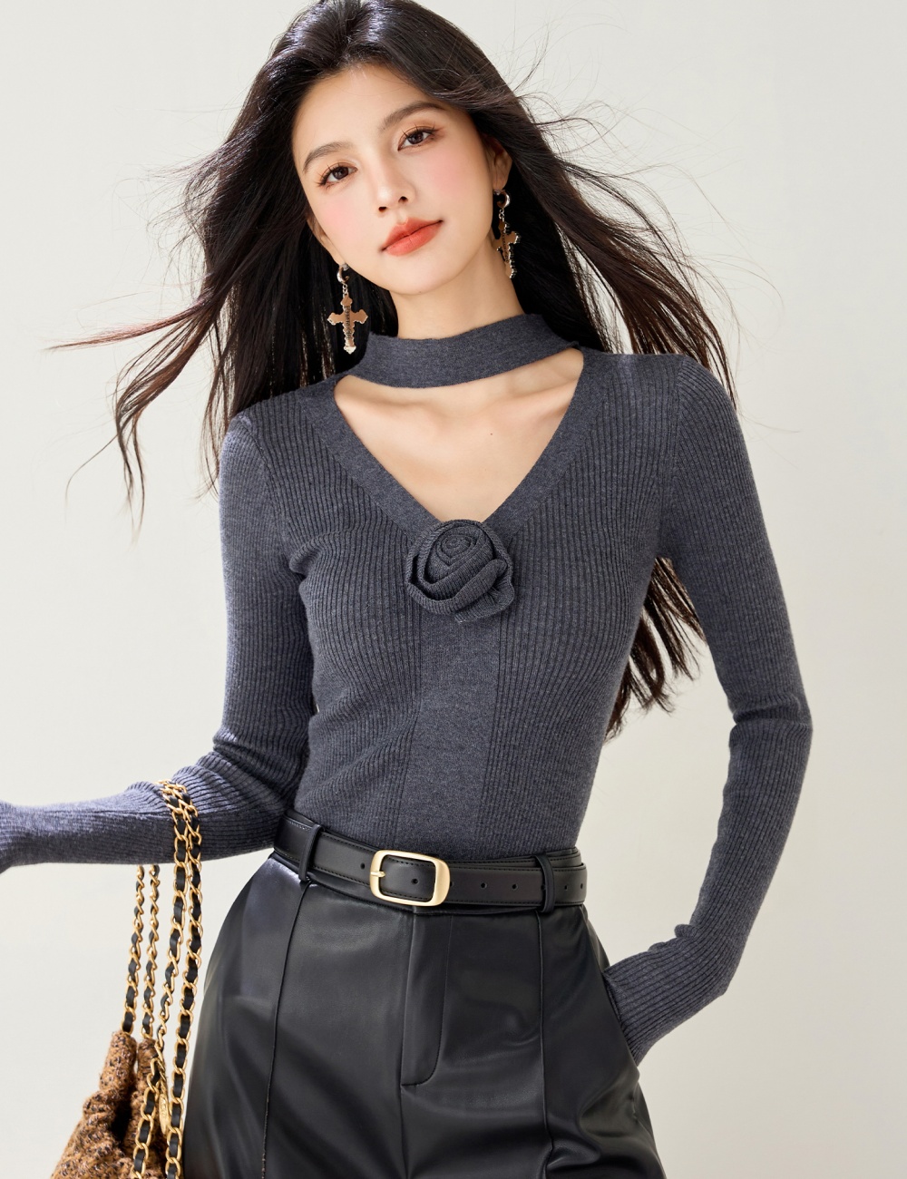 Bottoming hollow autumn sweater rose retro halter tops for women