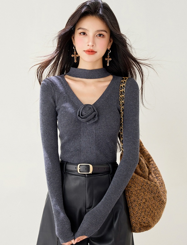 Bottoming hollow autumn sweater rose retro halter tops for women