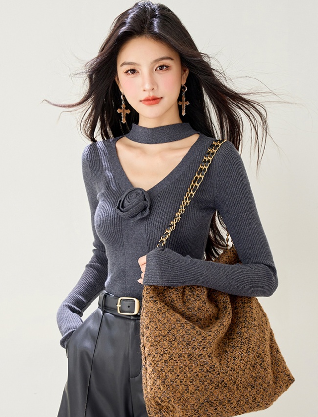 Bottoming hollow autumn sweater rose retro halter tops for women