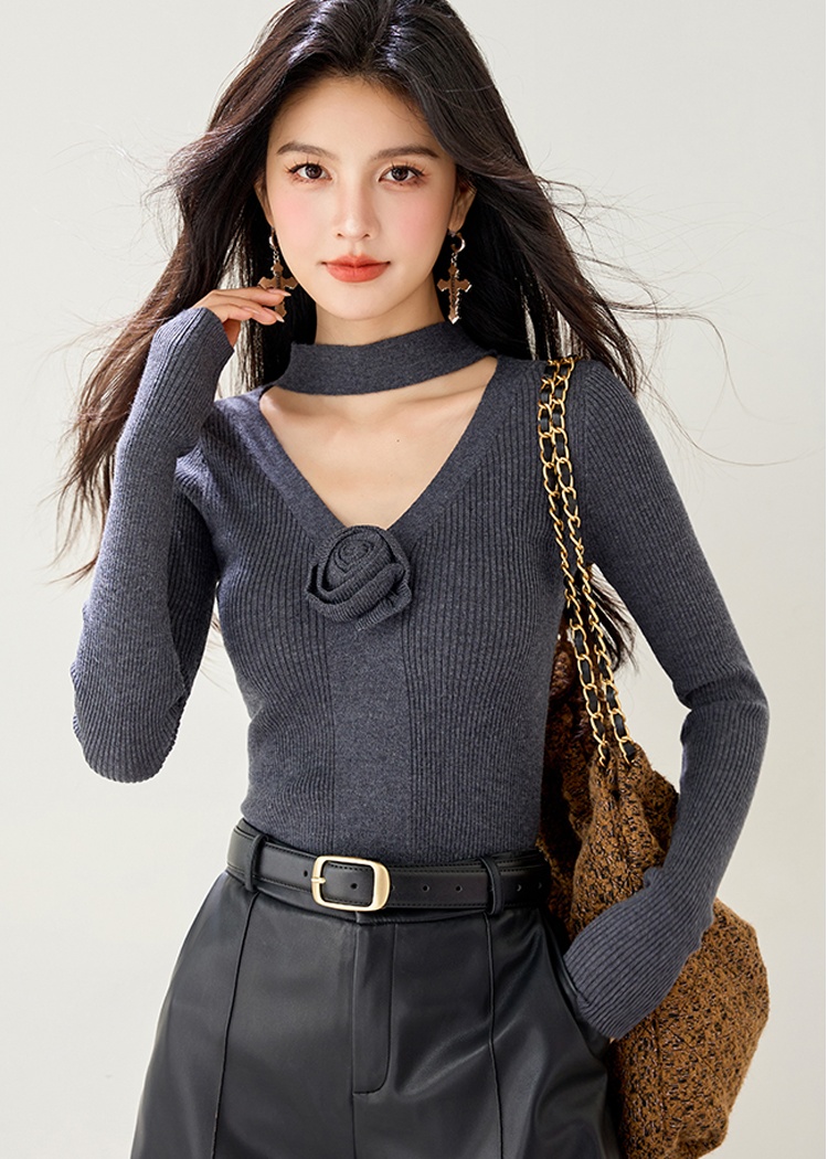 Bottoming hollow autumn sweater rose retro halter tops for women