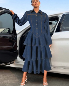 Long sleeve cake lapel denim long dress