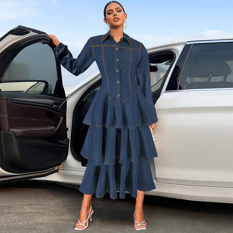 Long sleeve cake lapel denim long dress