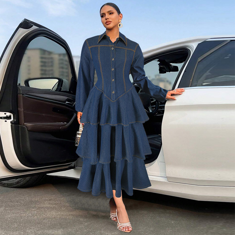 Long sleeve cake lapel denim long dress