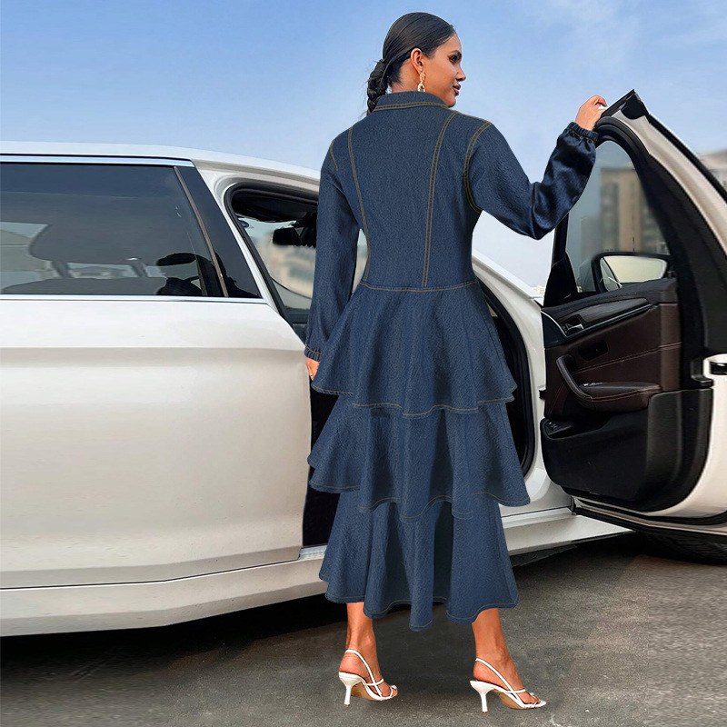 Long sleeve cake lapel denim long dress