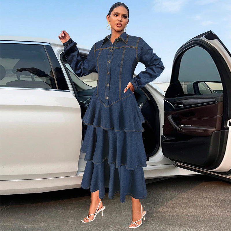 Long sleeve cake lapel denim long dress