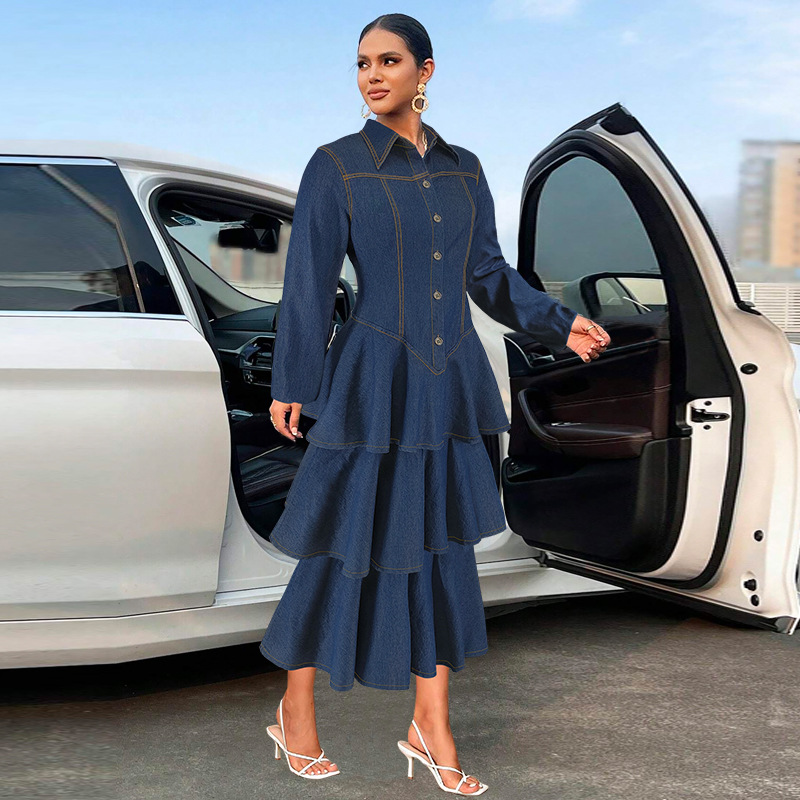 Long sleeve cake lapel denim long dress