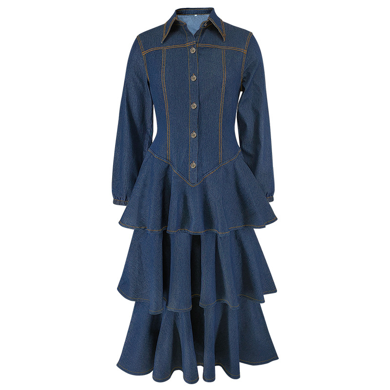Long sleeve cake lapel denim long dress