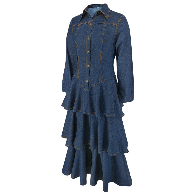 Long sleeve cake lapel denim long dress
