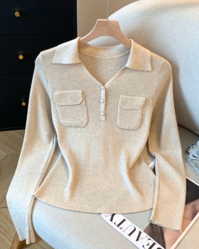 Autumn lapel knitted tops V-neck long sleeve shirts